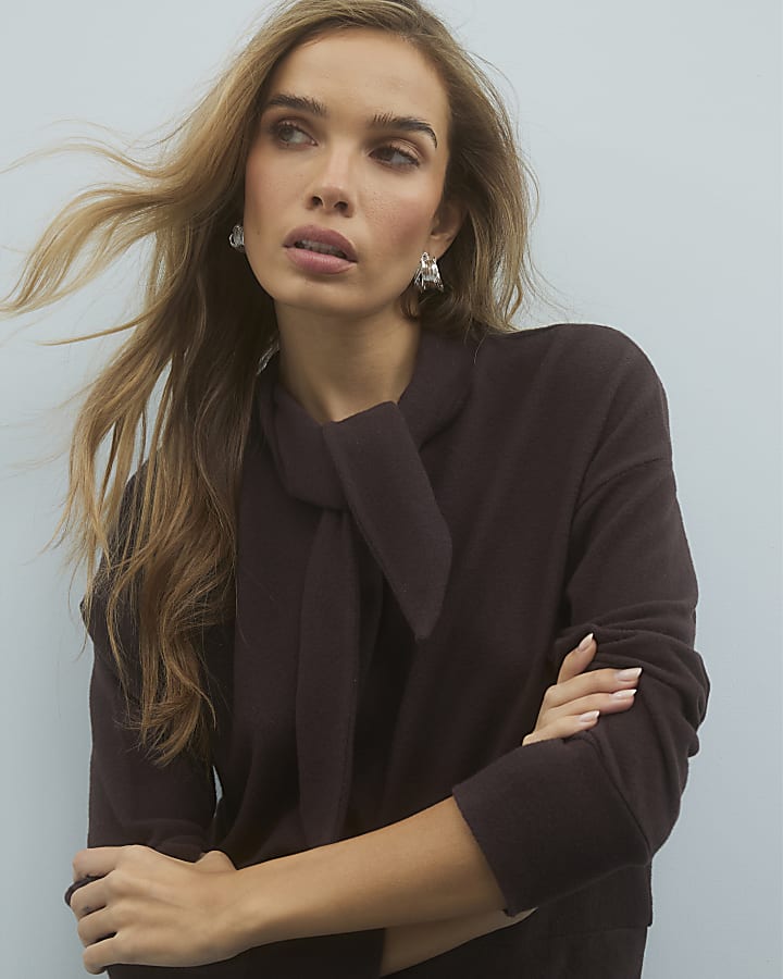 Brown Long Sleeve Scarf Tie Neck Cosy Top