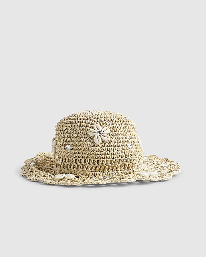Beige Shell Embellished Straw Bucket Hat