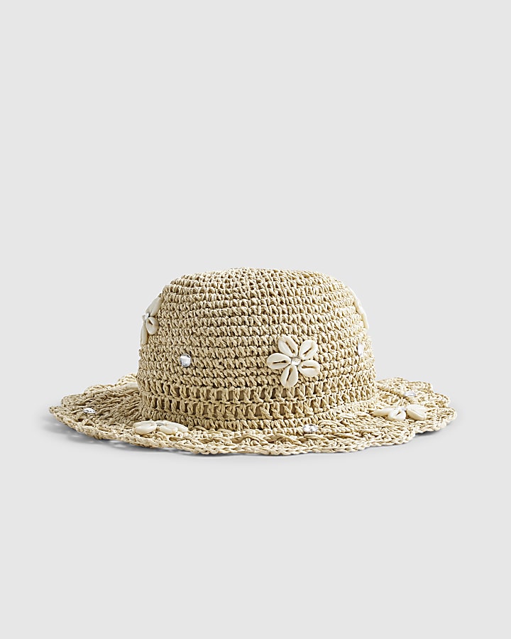Beige Shell Embellished Straw Bucket Hat