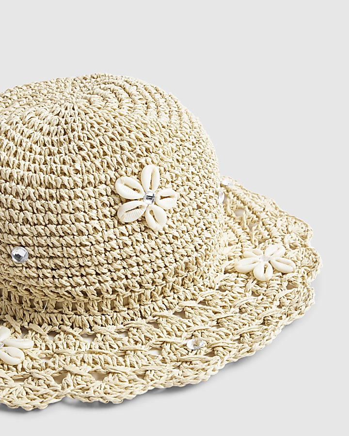 Beige Shell Embellished Straw Bucket Hat