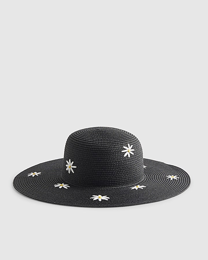Black Daisy Floppy Straw Hat