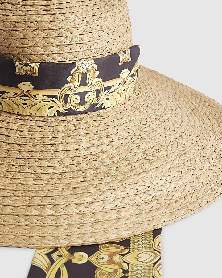Beige Oversized Floppy Scarf Detail Straw Hat