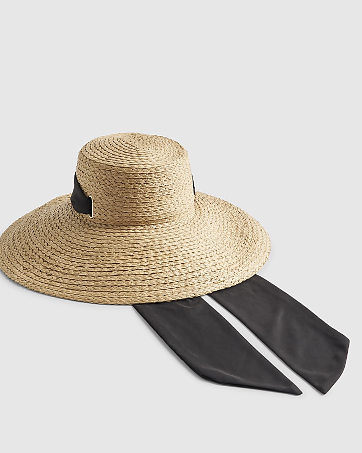 Beige Oversized Floppy Scarf Detail Straw Hat