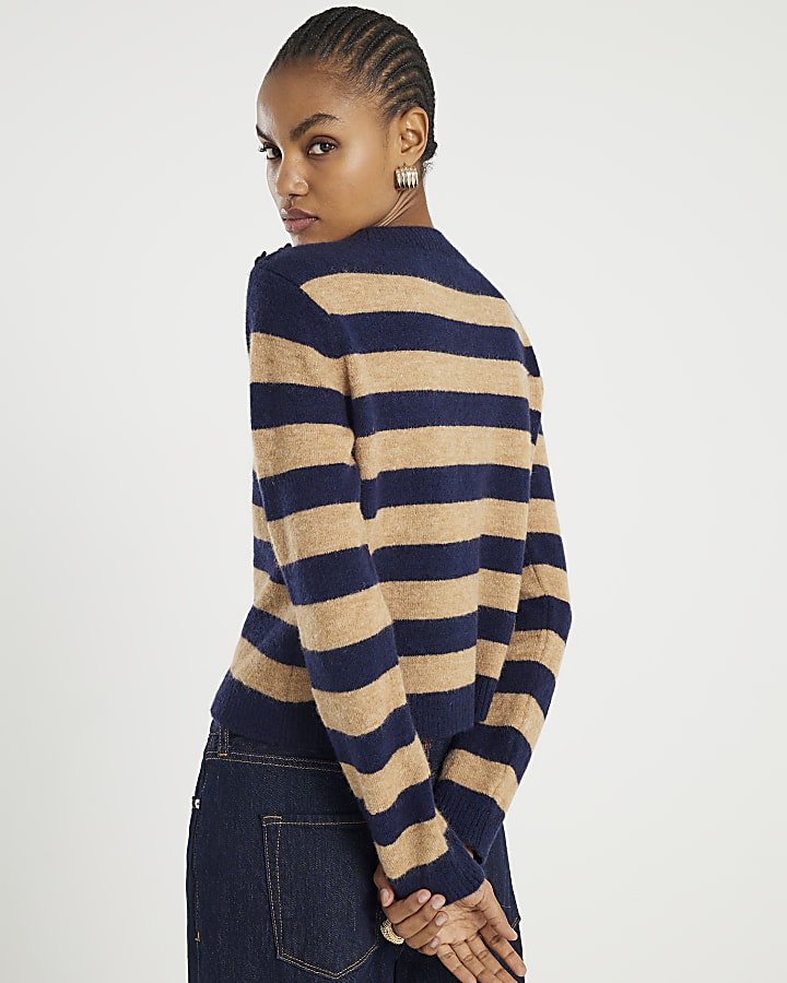 Navy Knitted Stripe Heart Button jumper