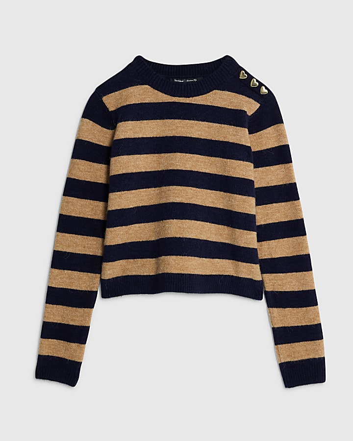 Navy Knitted Stripe Heart Button jumper