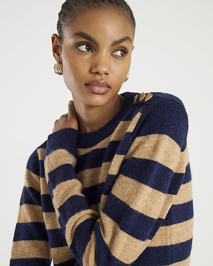 Navy Knitted Stripe Heart Button jumper