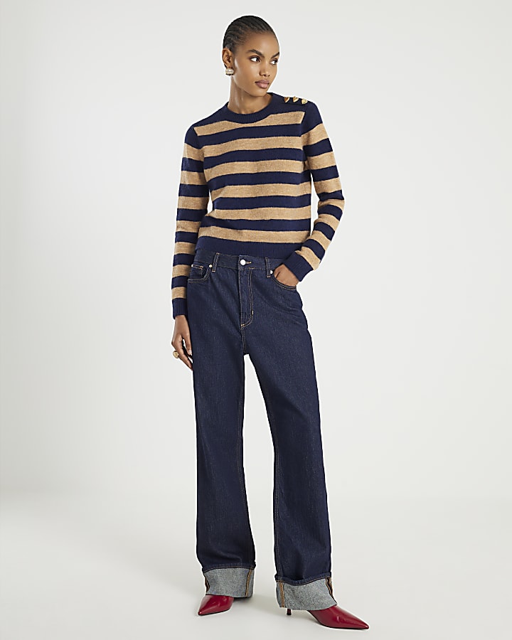 Navy Knitted Stripe Heart Button jumper