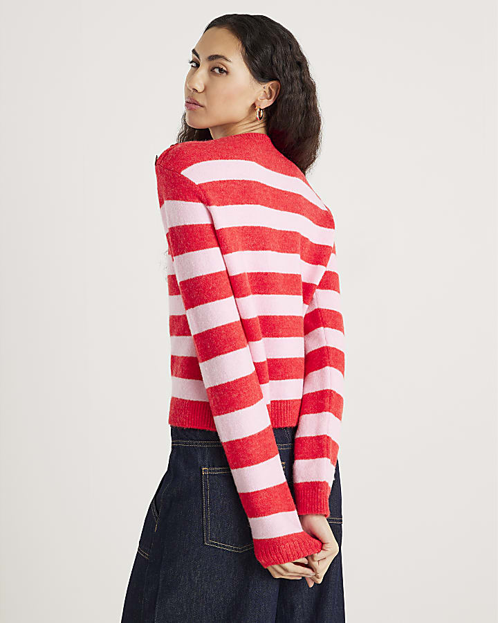 Red Knitted Stripe Heart Button Jumper