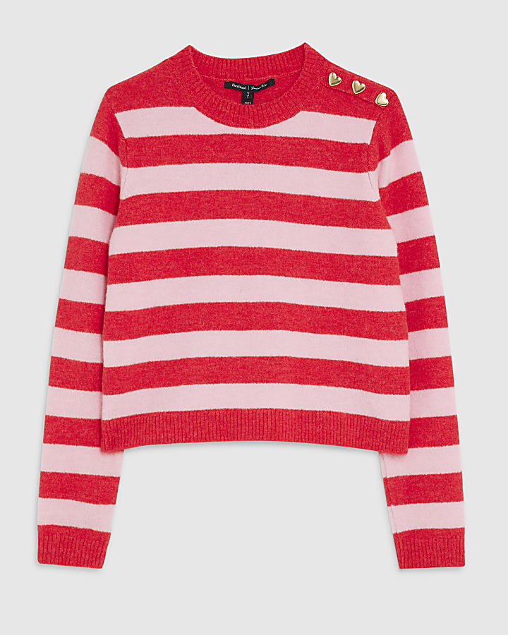 Red Knitted Stripe Heart Button Jumper