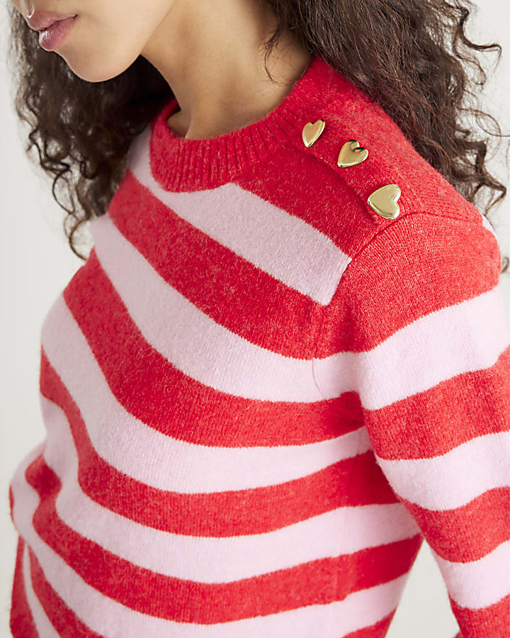 Red Knitted Stripe Heart Button Jumper