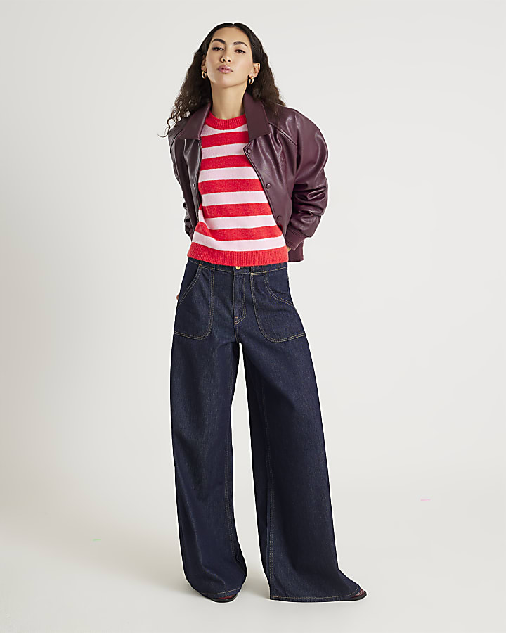 Red Knitted Stripe Heart Button Jumper