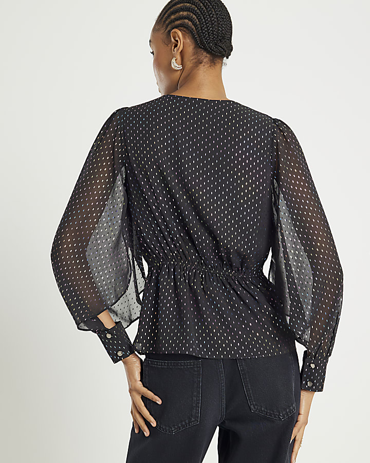 Black Spot Print Knot Front Blouse