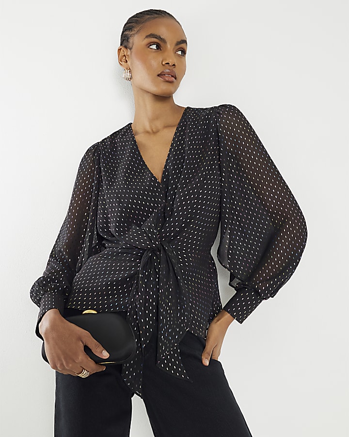 Black Spot Print Knot Front Blouse