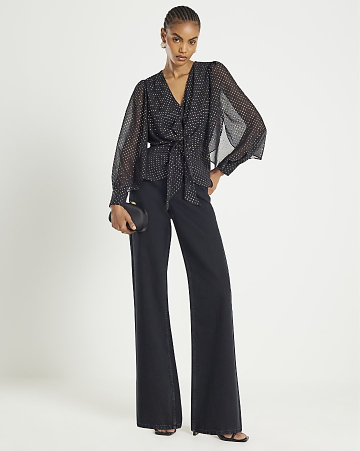 Black Spot Print Knot Front Blouse