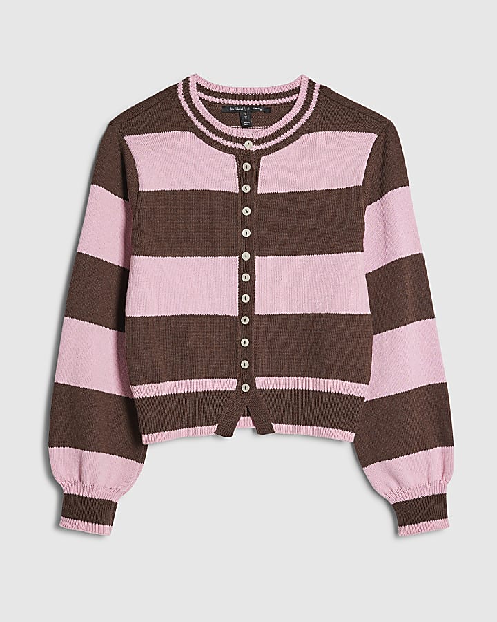 Brown Knitted Striped Cardigan