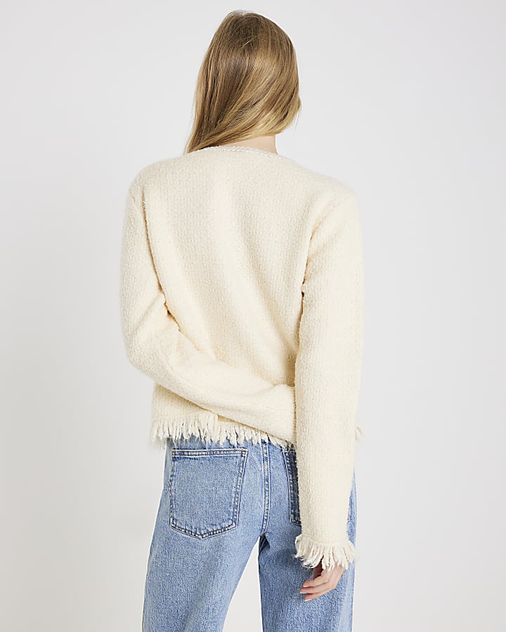 Cream Boucle Long Sleeve Fringed Cardigan