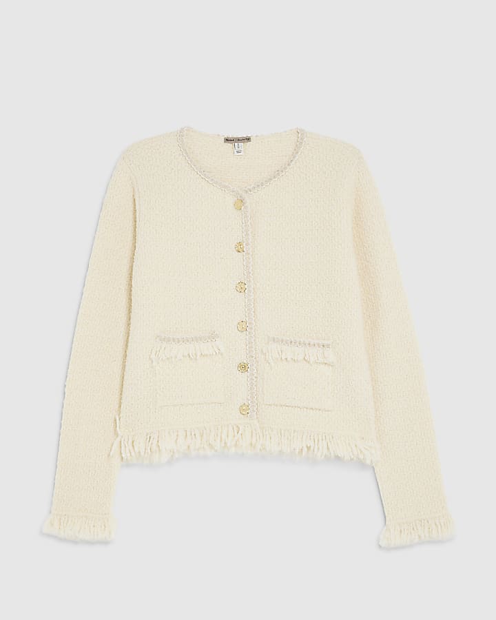 Cream Boucle Long Sleeve Fringed Cardigan