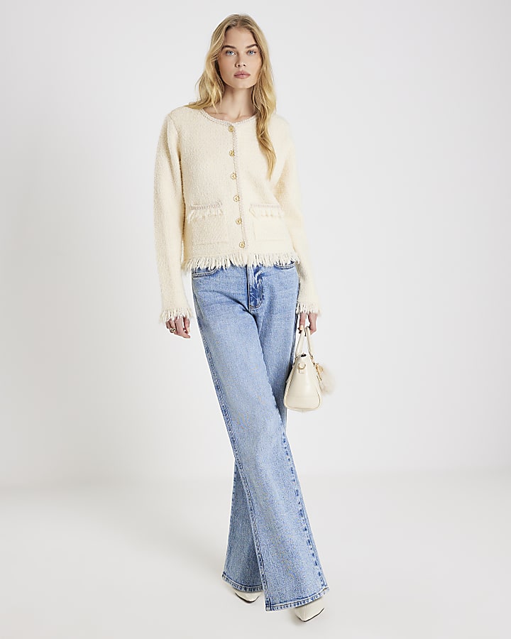 Cream Boucle Long Sleeve Fringed Cardigan