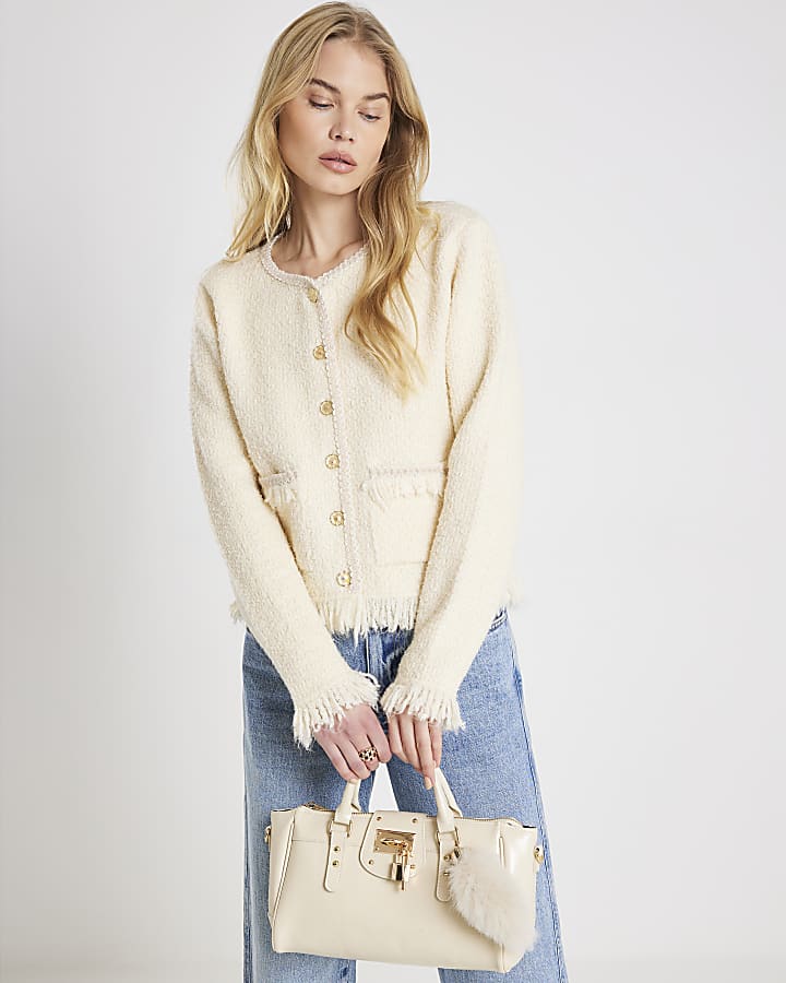 Cream Boucle Long Sleeve Fringed Cardigan