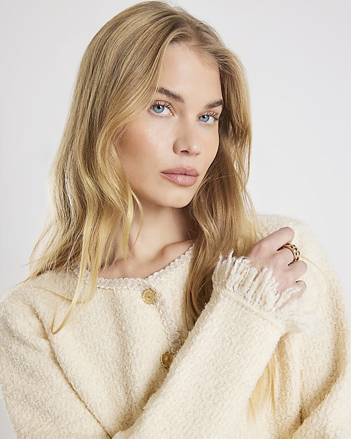 Cream Boucle Long Sleeve Fringed Cardigan
