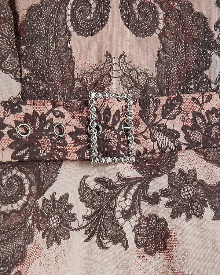 Pink Printed Long Sleeve Belted Mini Dress