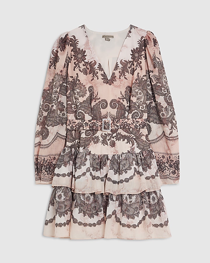 Pink Printed Long Sleeve Belted Mini Dress