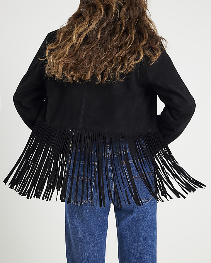 Black Suede Collarless Tassel Blazer