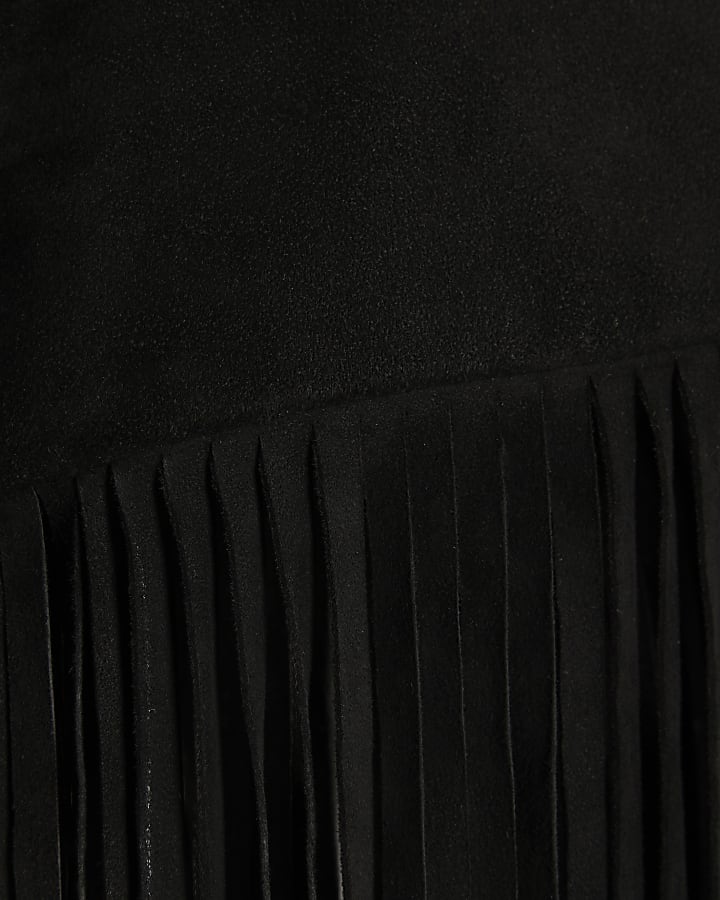 Black Suede Collarless Tassel Blazer