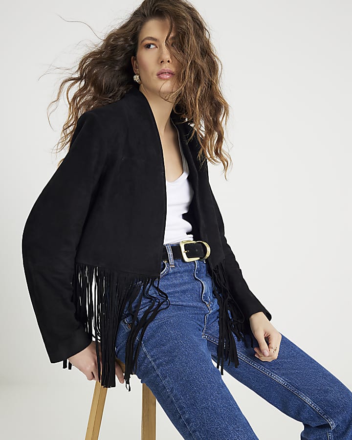 Black Suede Collarless Tassel Blazer