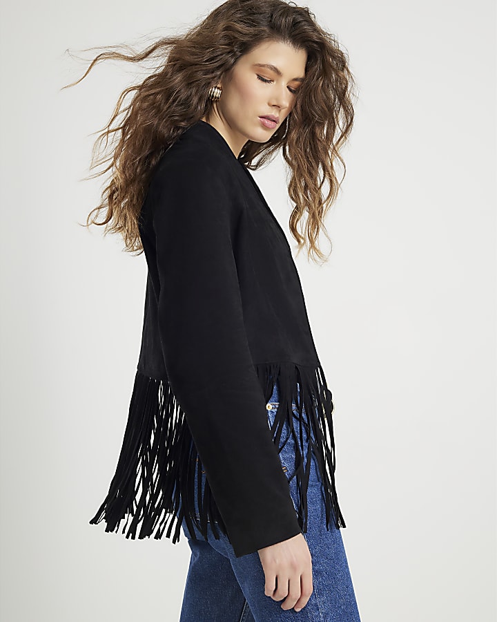 Black Suede Collarless Tassel Blazer