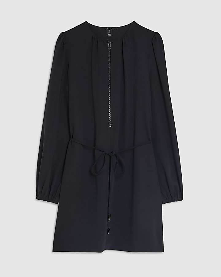 Black Zip Front Skater Mini Dress