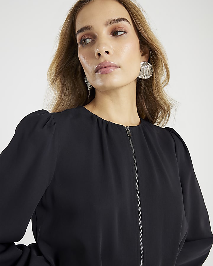 Black Zip Front Skater Mini Dress