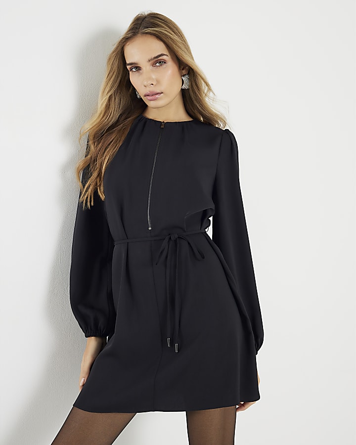 Black Zip Front Skater Mini Dress