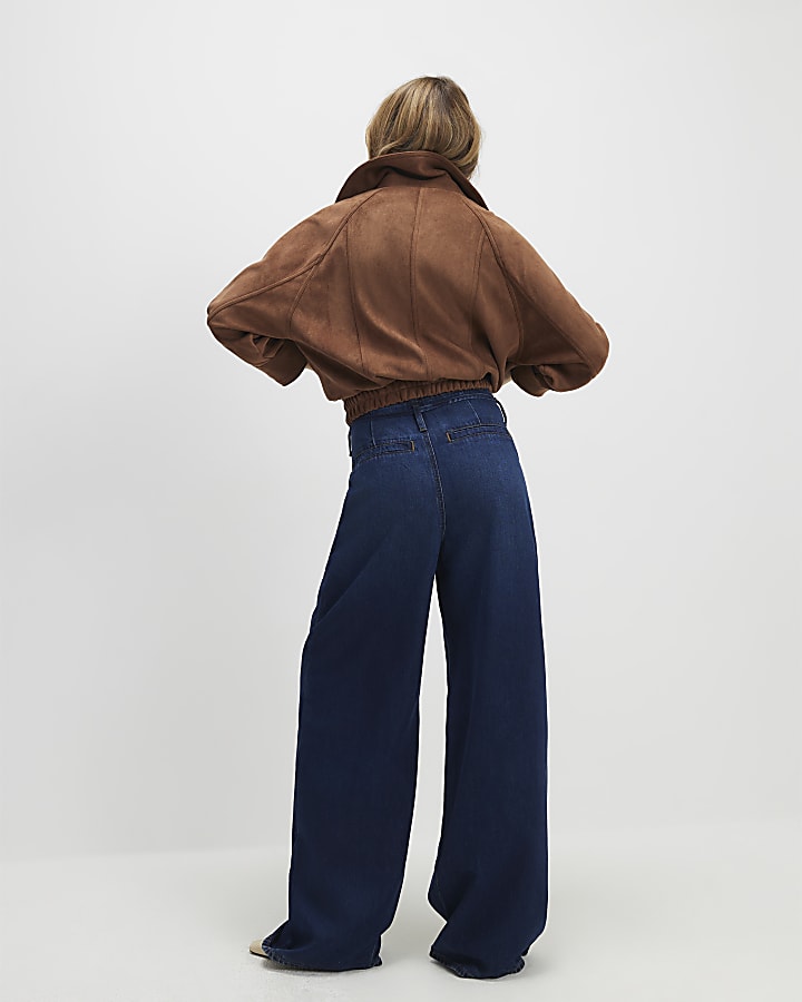 Blue High Waisted Tie Detail Wide Leg Jeans