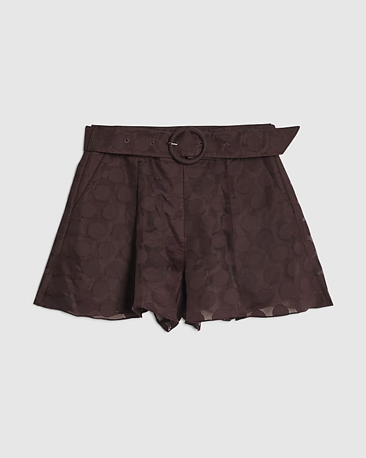 Brown Belted Spot Print Shorts