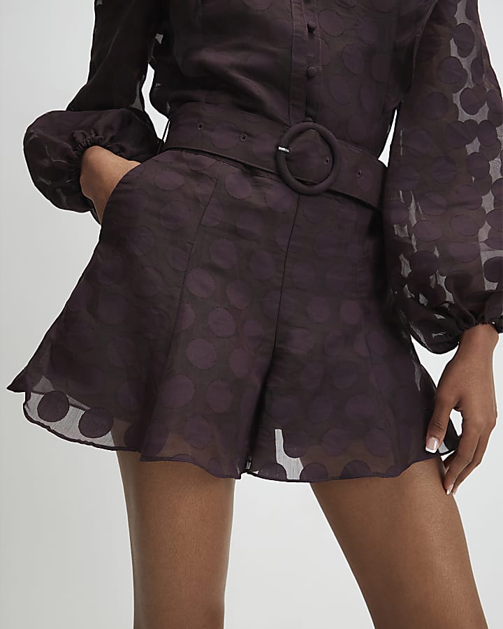 Brown Belted Spot Print Shorts