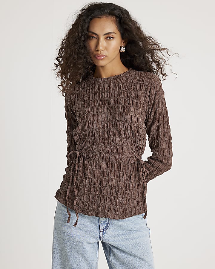 Brown Tie Side Textured Top