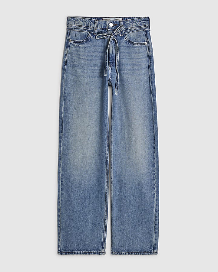 Blue Tie Detail Wide Leg Jeans