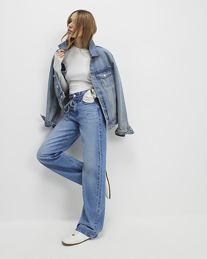 Blue Tie Detail Wide Leg Jeans