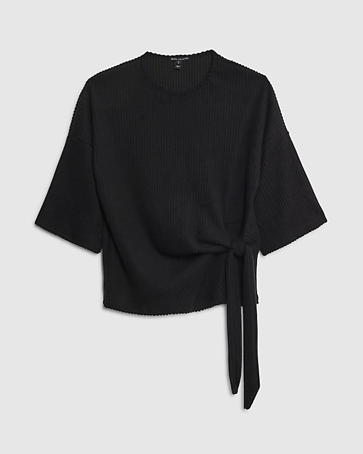 Black Cosy Thin Rib Knot Side Top