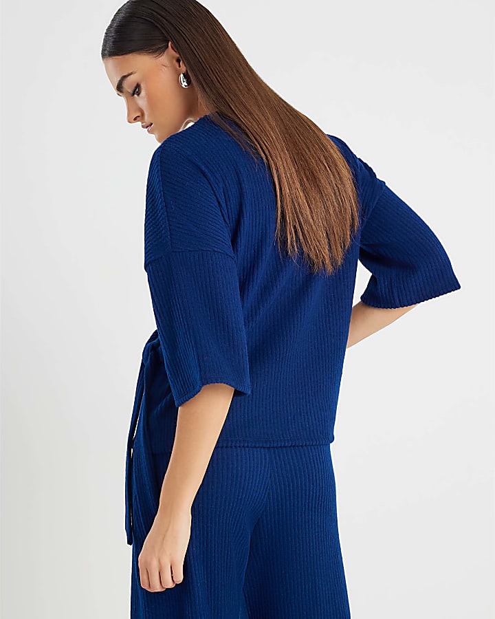 Navy Short Sleeve Ribbed Tie Detail Top
