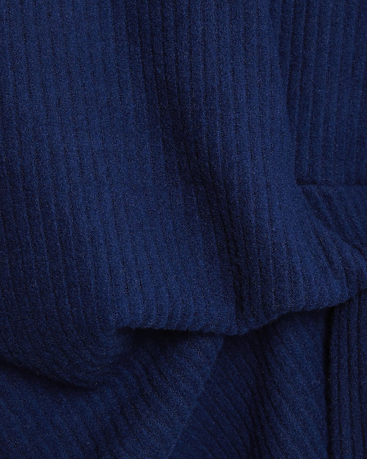 Navy Cosy Short Sleeve Ribbed Tie Detail Top