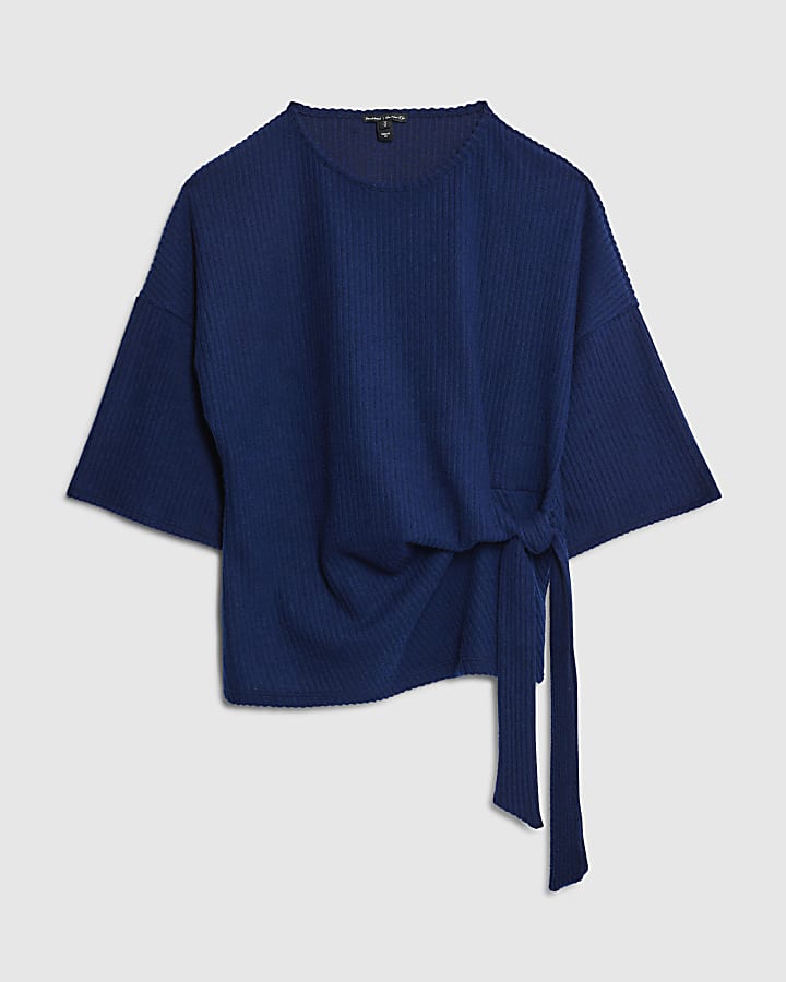 Navy Cosy Short Sleeve Ribbed Tie Detail Top