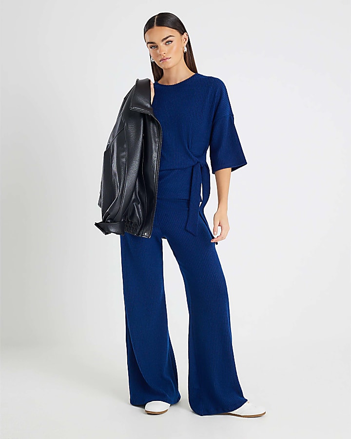 Navy Short Sleeve Ribbed Tie Detail Top