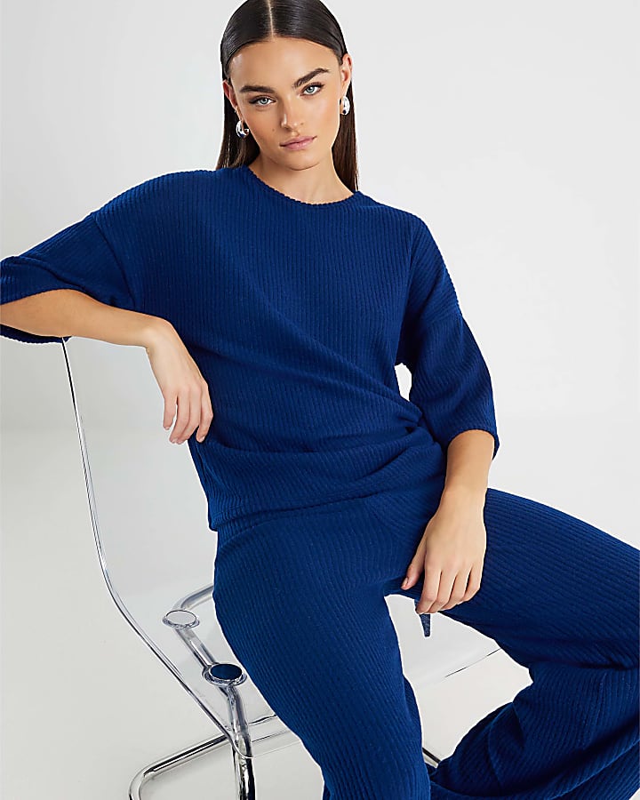 Navy Short Sleeve Ribbed Tie Detail Top