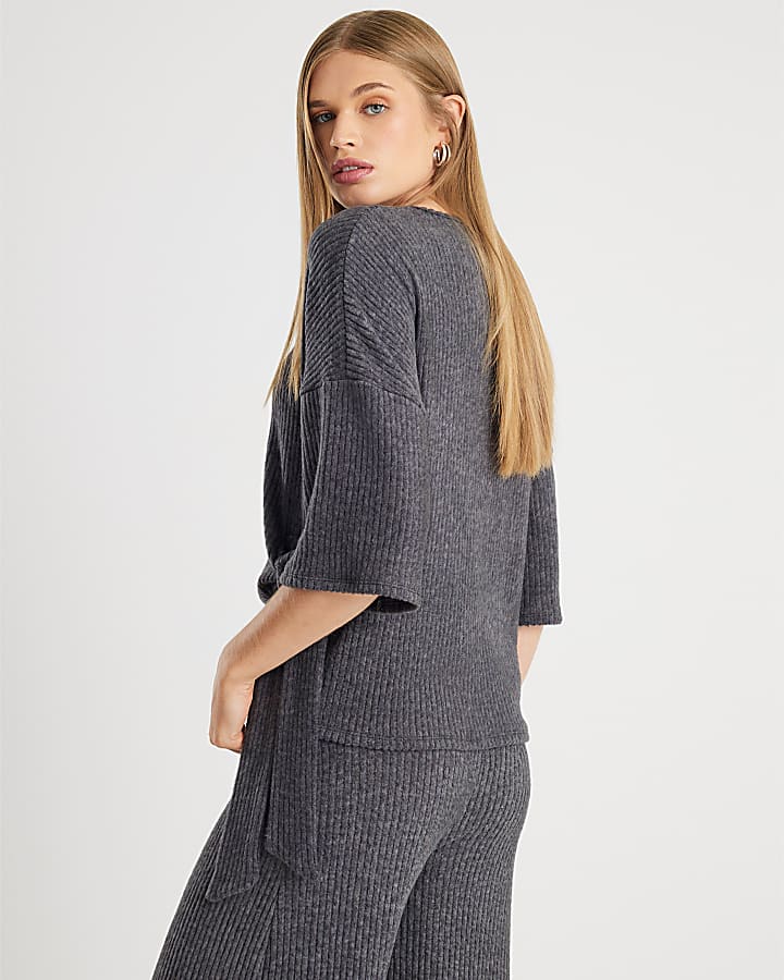 Grey Short Sleeve Ribbed Tie Detail Top