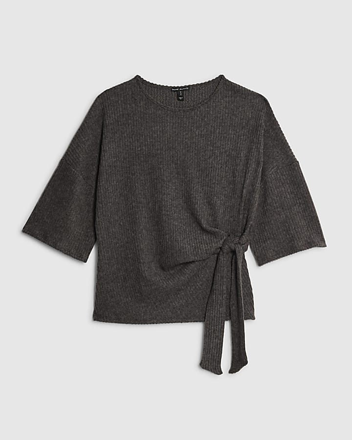 Grey Short Sleeve Ribbed Tie Detail Top