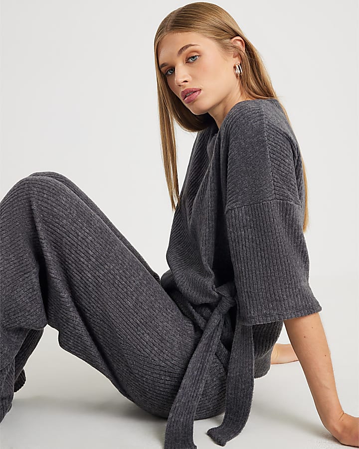 Grey Short Sleeve Ribbed Tie Detail Top