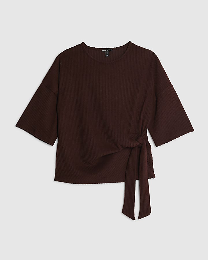 Brown Ribbed Side Knot Top