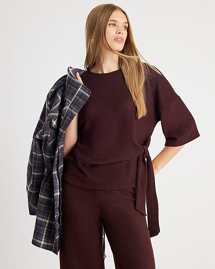 Brown Ribbed Side Knot Top